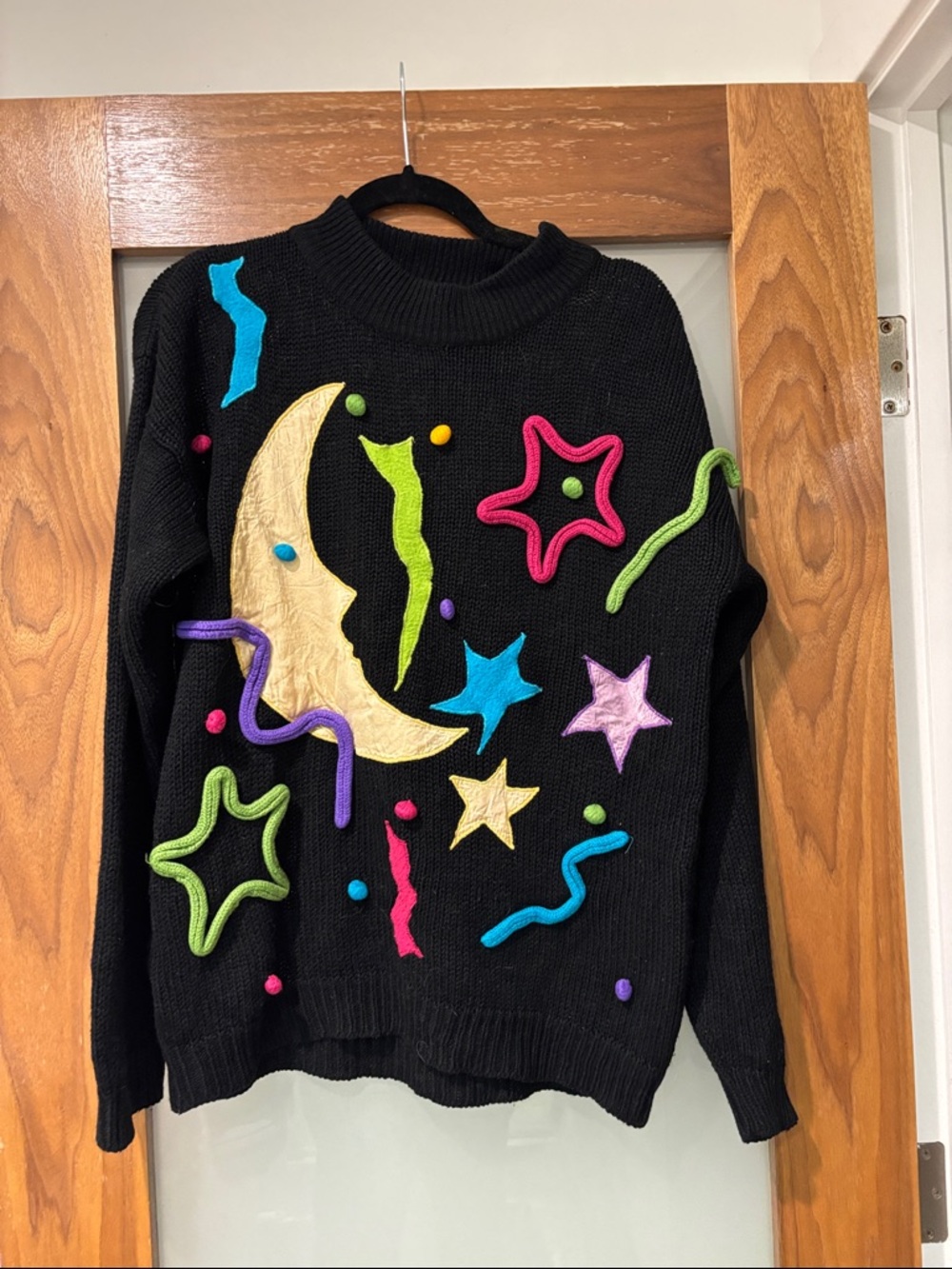 Gitano Black Sweater with Moon, Stars & Multicolor Appliqués